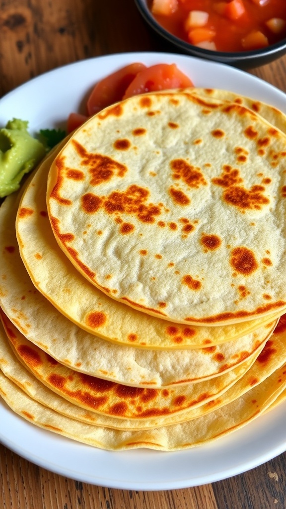A stack of crispy toasted tortillas on a plate with salsa and guacamole on a rustic table.